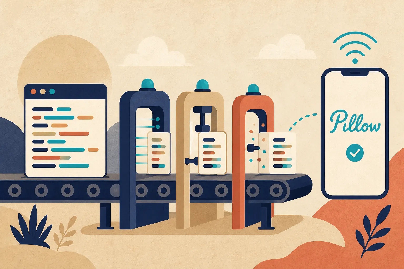 Flat illustration in indigo, sand and terracotta with a teal accent: a browser-window card filled with rows of short coloured bars, like lines of code, rides a conveyor belt through three gated stations that each stamp a smaller card; a dotted line leads from the last station to a phone whose screen shows the Pillow wordmark in teal cursive above a teal check mark, with a wireless symbol overhead.
