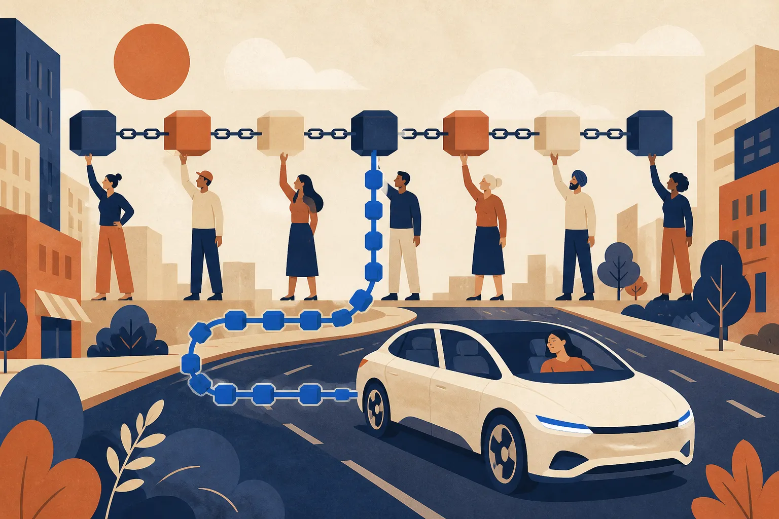 Flat illustration in indigo, sand and terracotta: seven people standing on a city overpass each hold up one cube of a chain that runs across the sky; from the middle cube a blue dotted route drops to the road below, where a white driverless car carries a single relaxed passenger past trees and buildings under a red sun.