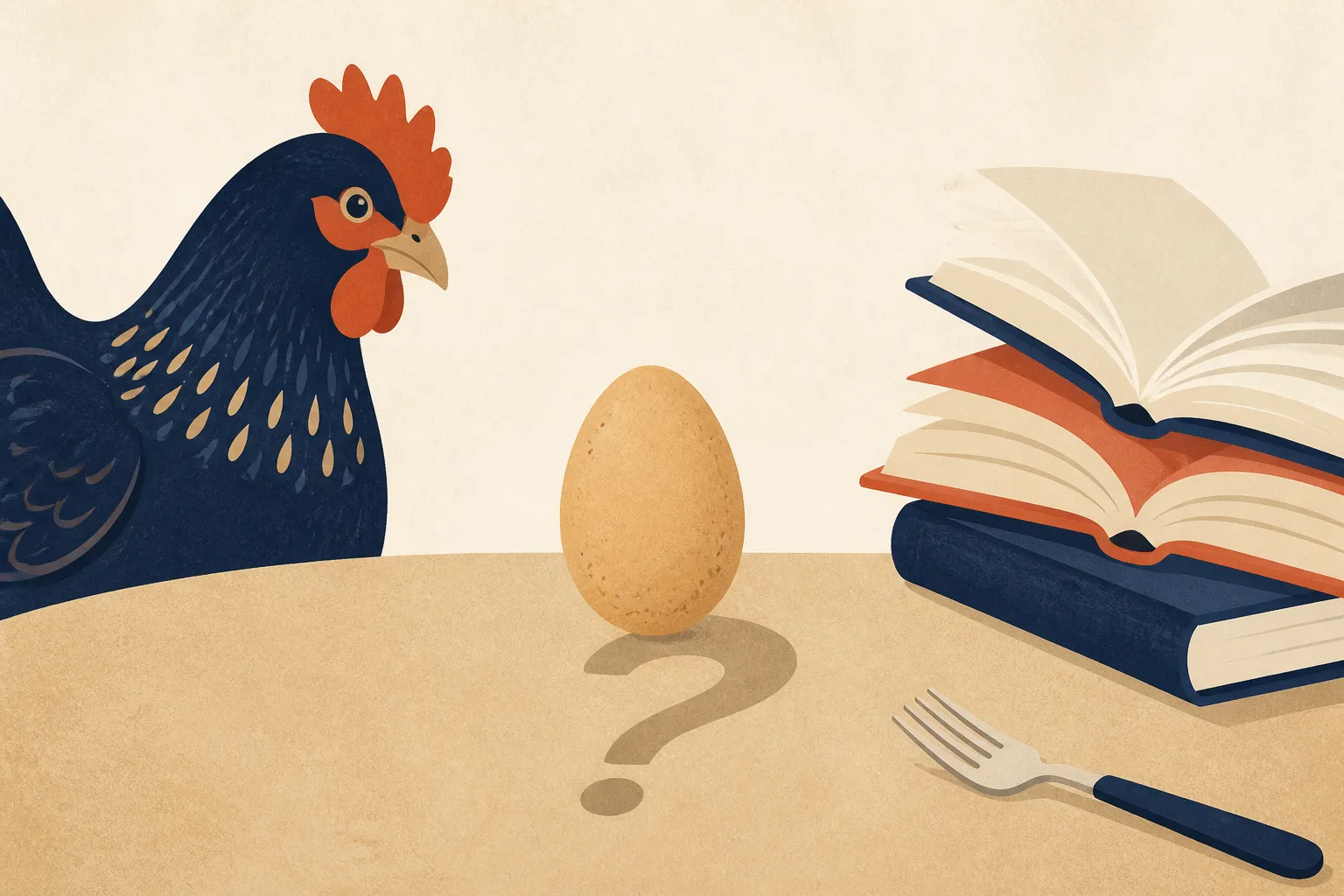 Flat illustration in indigo, sand and terracotta: a single brown egg stands upright on a table casting a question-mark-shaped shadow, a dark speckled hen with a red comb looks on from the left, and a stack of three open books sits on the right beside a fork.