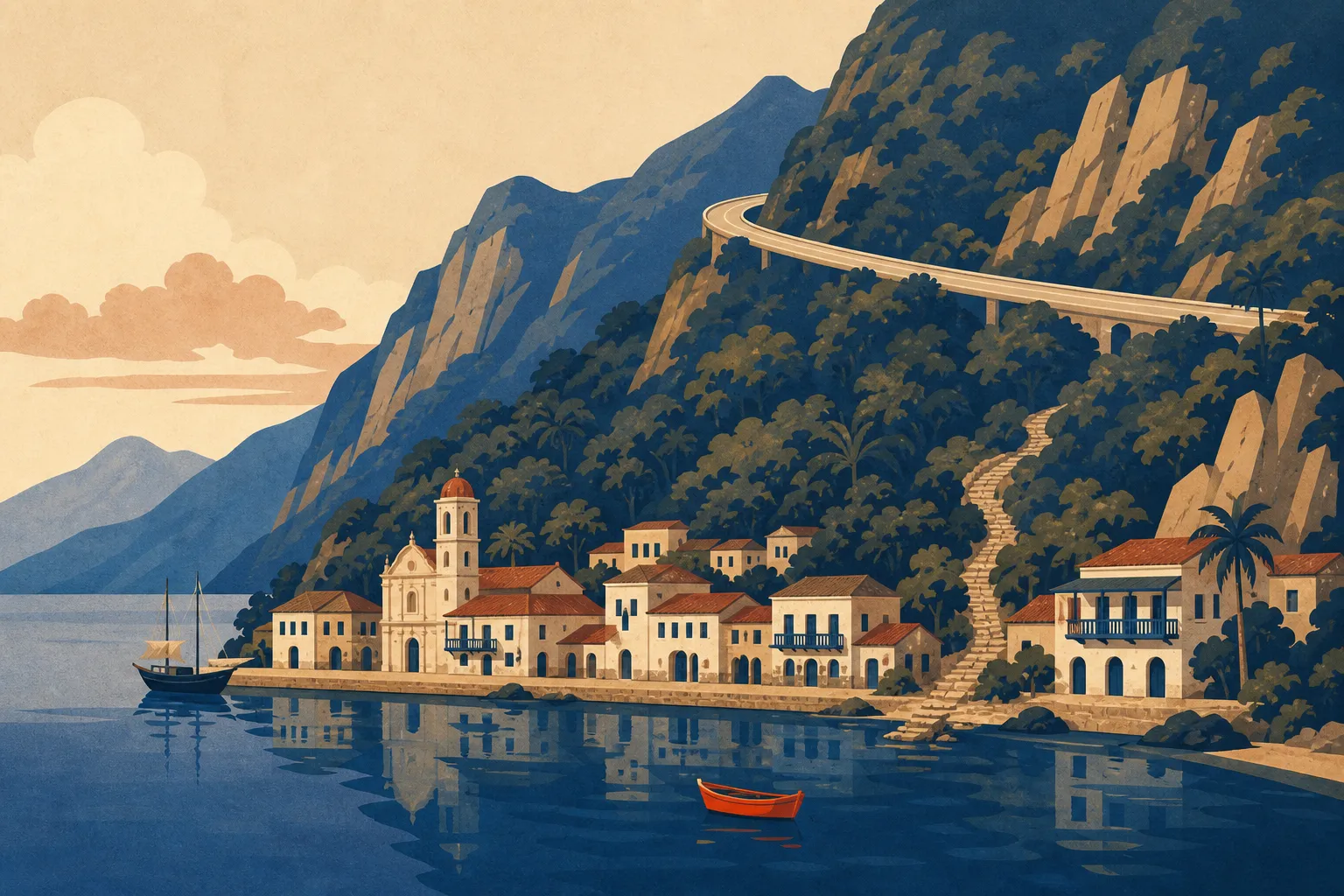 Flat illustration: a small colonial port of white houses and red roofs on a narrow strip between a calm blue bay and a wall of steep forested mountains. An old stone stairway descends the slope into the town; high above it a modern elevated road curves across the mountainside and past it. One orange rowing boat sits on the water in the foreground.