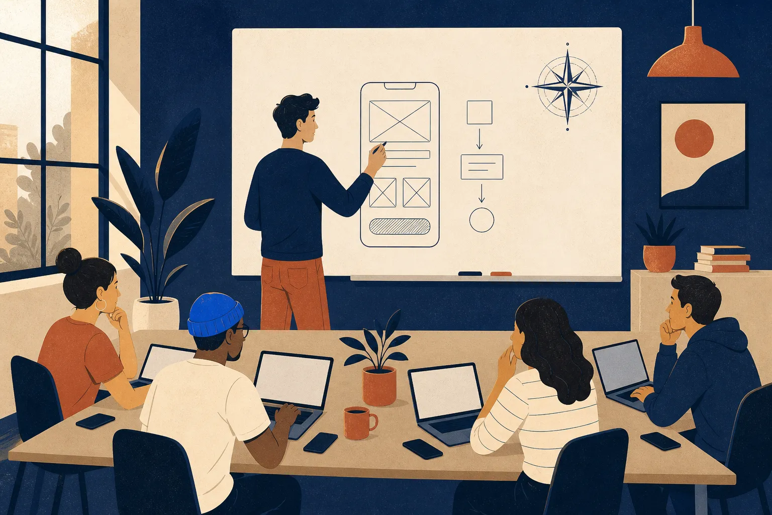 Flat illustration in indigo, sand and terracotta: a young man at a whiteboard sketches a phone-screen wireframe and a small flowchart, a compass rose drawn in the board's corner, while four students at a long table watch with laptops and phones in front of them, in a navy-walled room with a tall window and plants.