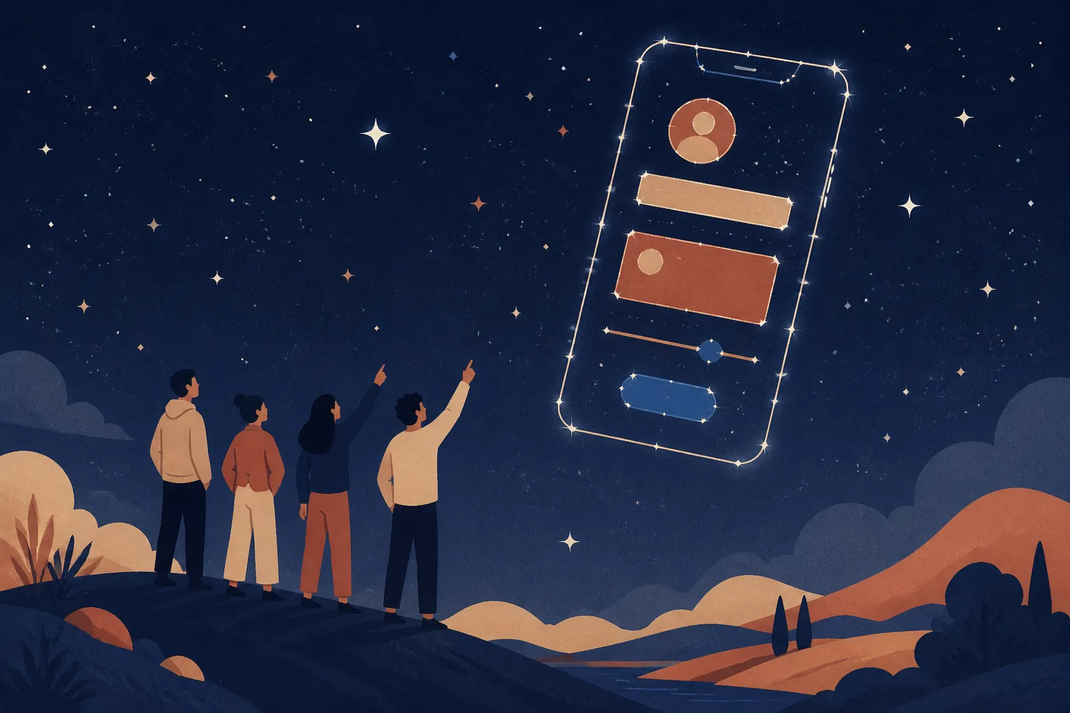 Flat illustration in indigo, sand and terracotta: four people on a dark hilltop at night, two of them pointing up at a constellation in the star-filled sky that traces the outline of a phone screen with an avatar, a text field, a card, a slider and a button inside it, rolling hills and a river below.