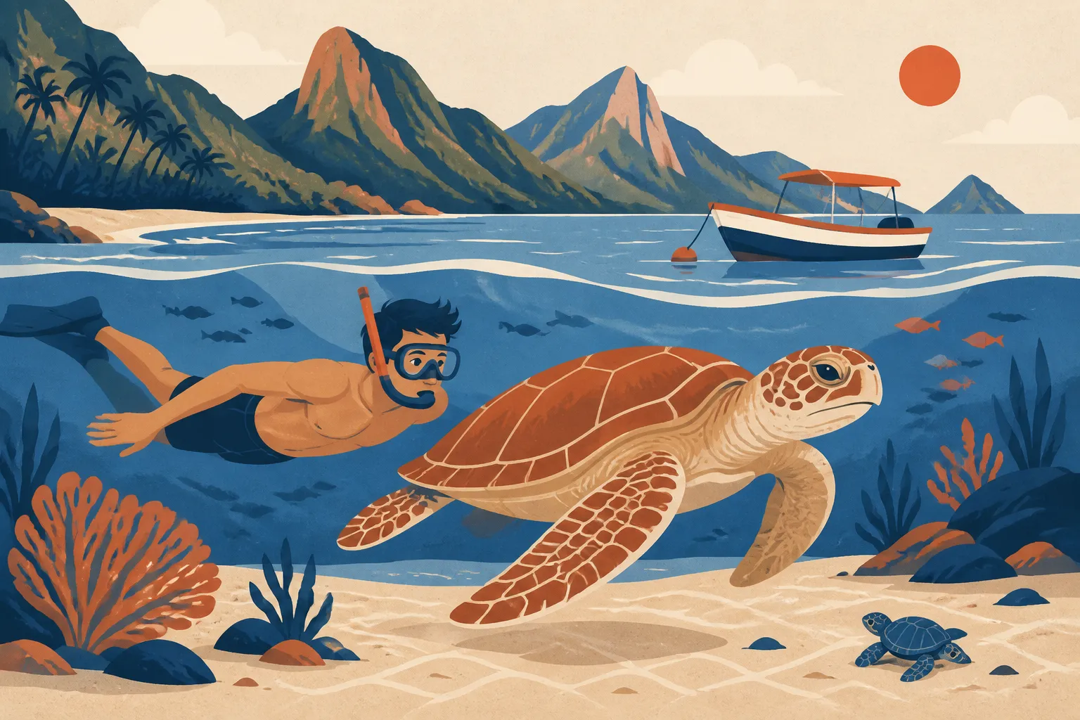 Flat illustration in indigo, sand and terracotta: a young man in a mask and snorkel swims beside a large loggerhead turtle over pale sand in clear shallow water, a small anchored boat on the surface above and green mountains behind the bay; a tiny hatchling rests on the sand in the lower right and a red sun hangs in the sky.