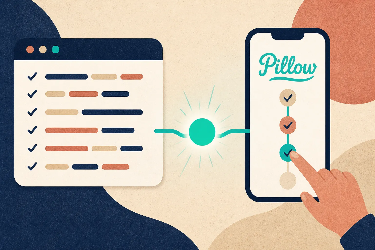 Flat illustration in indigo, sand and terracotta with a teal accent: on the left a browser-window card of short coloured bars, like lines of code, with a check mark beside each of six rows; on the right a phone whose screen shows the Pillow wordmark in teal cursive above a vertical chain of ticked steps that a pointing finger is tapping; a wire from each side meets at a glowing teal orb in the middle.