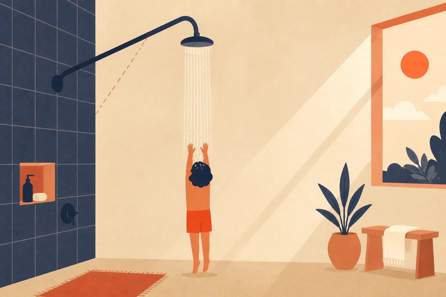 Flat illustration in indigo, sand and terracotta: a small figure in orange shorts stands on tiptoe with both arms raised under a shower head on a long arm angled high off a navy-tiled wall, water falling in a straight column onto their head; a dashed line marks the angle, and morning light slants in from a window with a red sun.