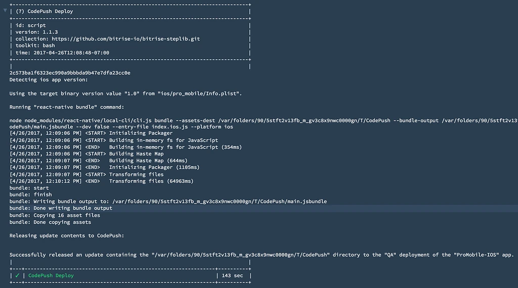 The Bitrise log for the CodePush Deploy step: it reads the target binary version 1.0 from the iOS Info.plist, runs the react-native bundle command with its packager output, then reports an update successfully released to the QA deployment of the ProMobile-IOS app, in 143 seconds.