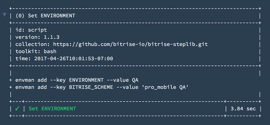 The Bitrise log for a script step titled Set ENVIRONMENT: envman adds ENVIRONMENT with the value QA and BITRISE_SCHEME with the value 'pro_mobile QA'; the step passes in 3.84 seconds.