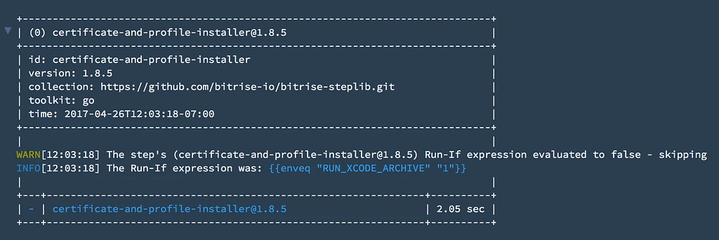 The Bitrise log for the certificate-and-profile-installer step that precedes the archive: a warning that its Run-If expression evaluated to false so the step is skipped, with the expression shown as enveq RUN_XCODE_ARCHIVE 1.