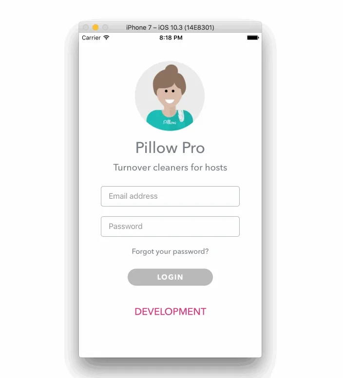 An animated recording of an iPhone 7 simulator on iOS 10.3 running the Detox suite against the Pillow Pro app: the login screen ('Turnover cleaners for hosts', with a DEVELOPMENT label), then a Kitchen Issue report form with photo slots and severity toggles, then a Cleaning task checklist with a progress bar and a $480 payout, and back to the login screen as the app reloads between tests.