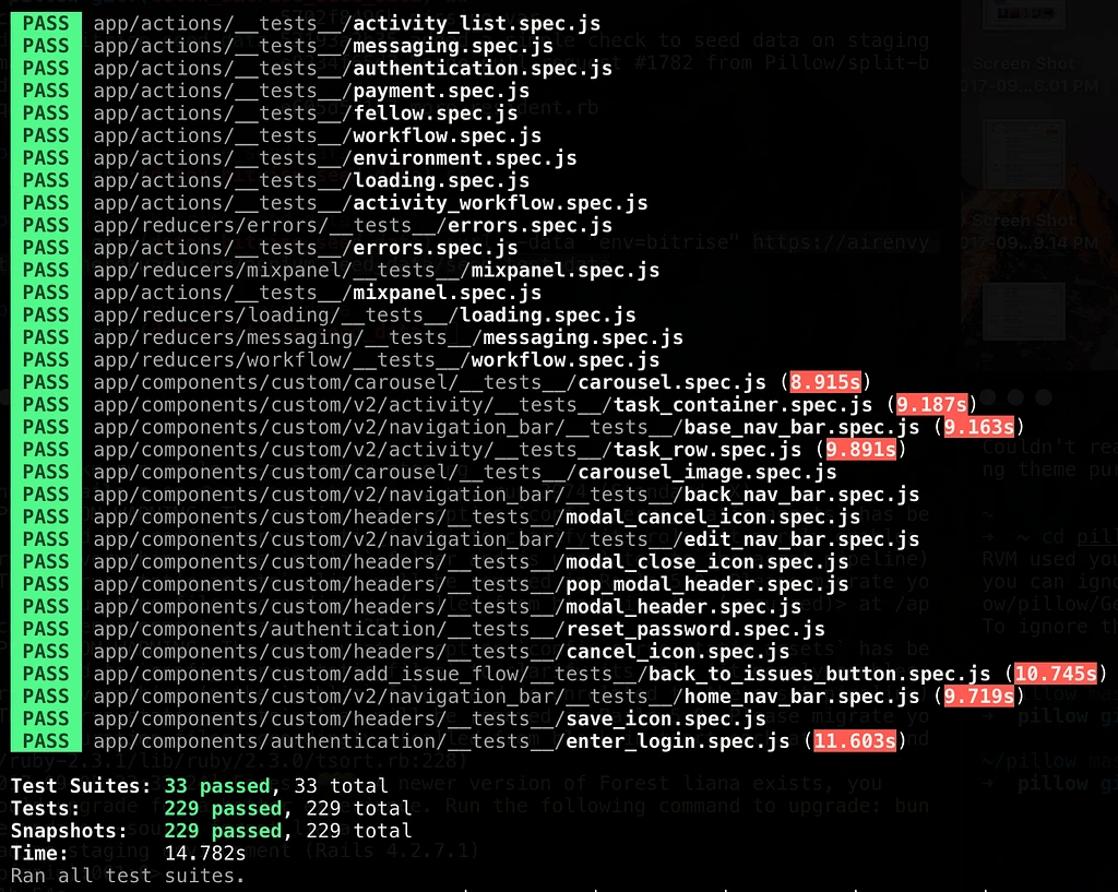 A terminal after running Jest on the Pillow Pro app: a column of green PASS labels beside spec files under app/actions, app/reducers and app/components, then the summary: 33 test suites passed, 229 tests passed, 229 snapshots passed, in 14.782 seconds.