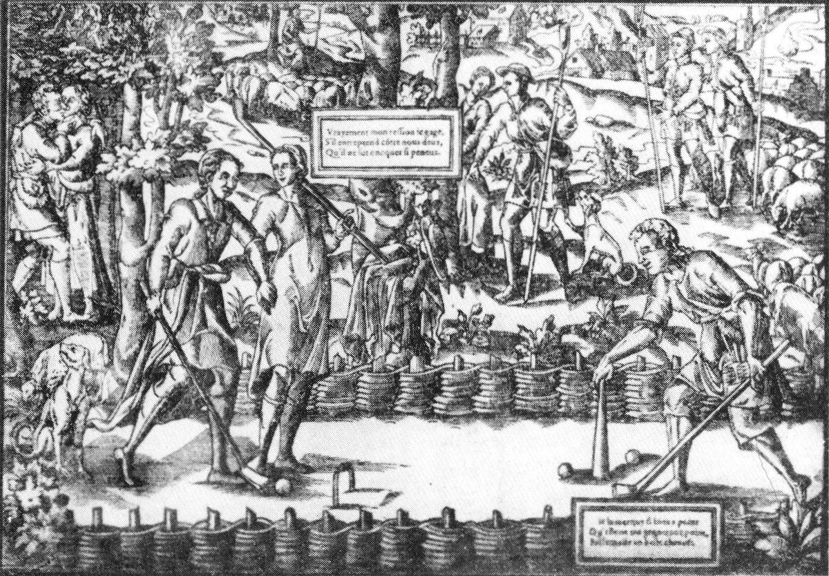 A 1480 woodcut of French ground billiards: players on a lawn push wooden balls through hoops with long-handled maces while spectators watch.
