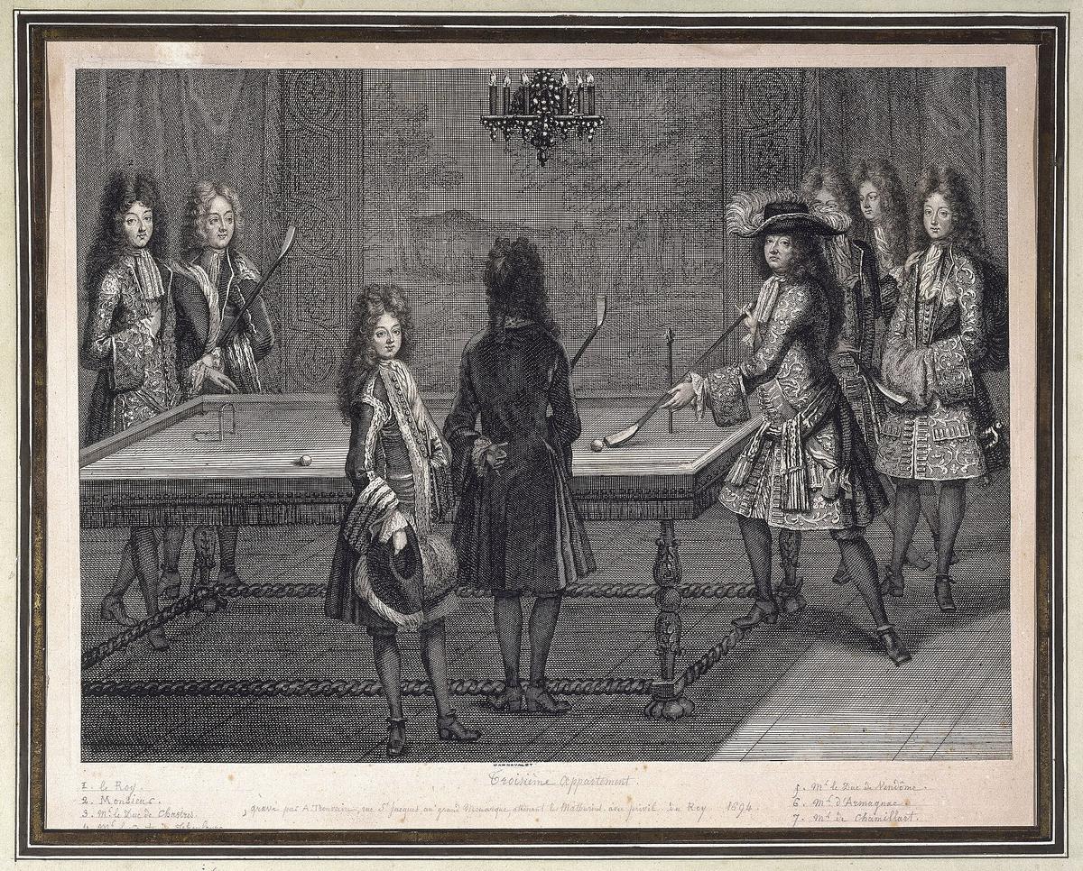 A 1694 engraving of Louis XIV playing billiards at court, surrounded by courtiers in wigs, on a table with a hoop visible on the cloth.