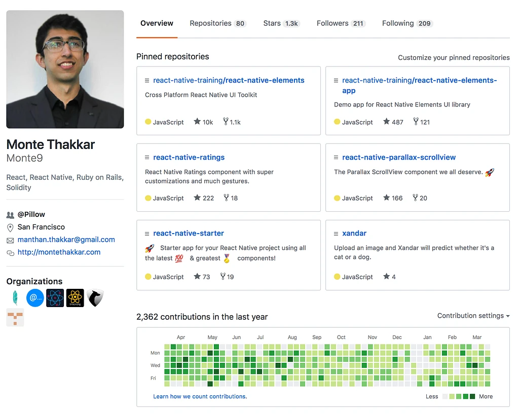Monte's GitHub profile in March 2018: 80 repositories, 211 followers, pinned repos led by react-native-training/react-native-elements at 10k stars, plus react-native-elements-app, react-native-ratings, react-native-parallax-scrollview, react-native-starter and xandar, and a contribution graph showing 2,362 contributions in the last year.