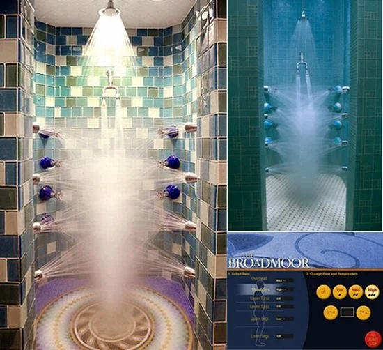 A collage of a luxury hotel shower: a tiled cubicle in blues and greens with a rain head overhead and rows of body jets spraying from both side walls, plus an inset of its control panel.